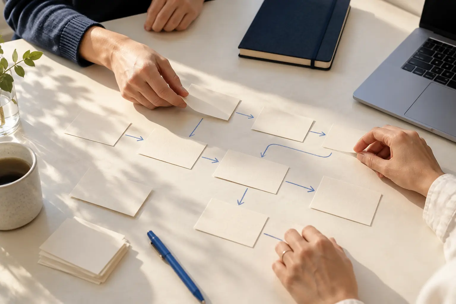 Hands arranging paper cards to map the steps of a workflow.