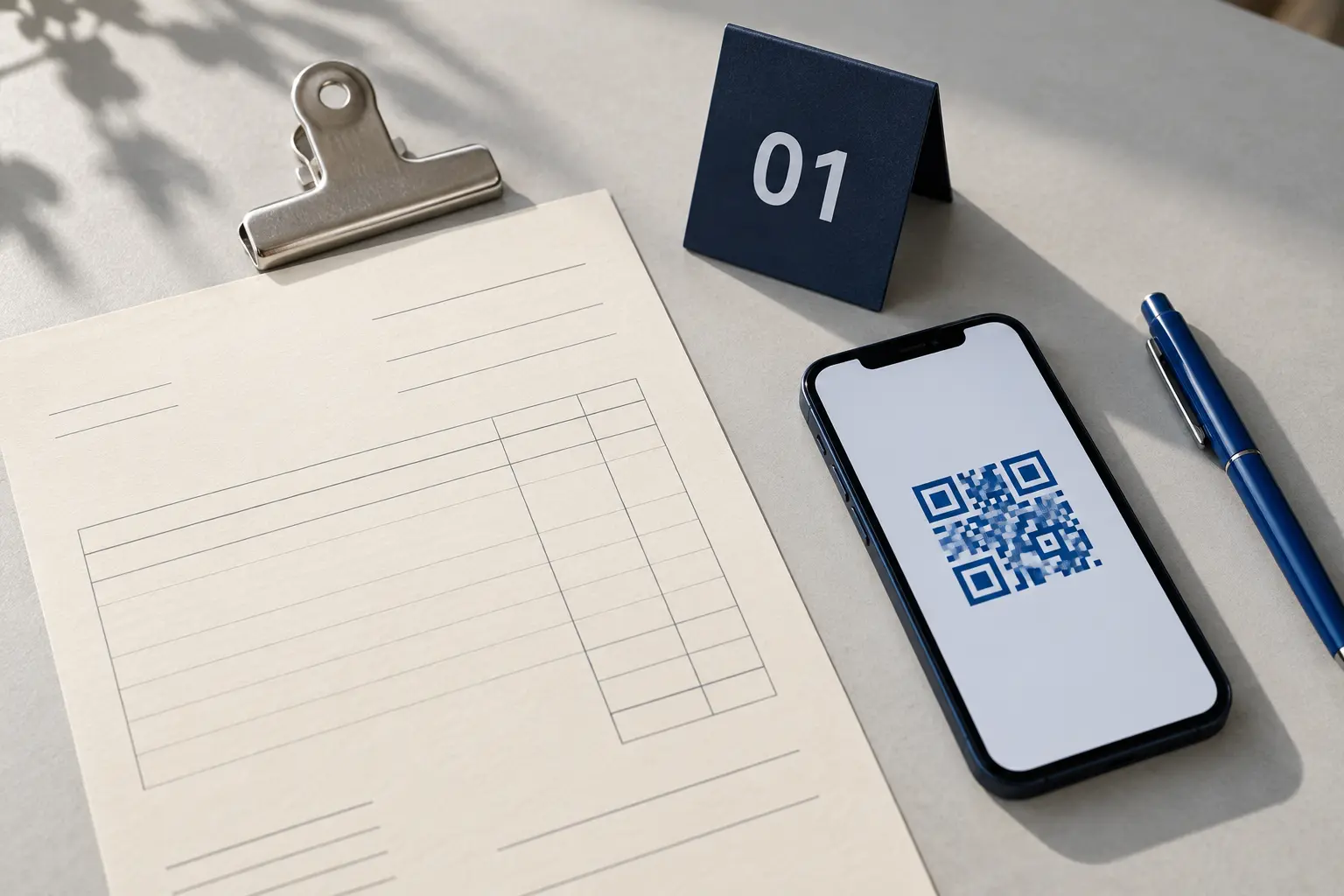 An invoice, queue marker, and phone with an illustrative check-in code on a desk.